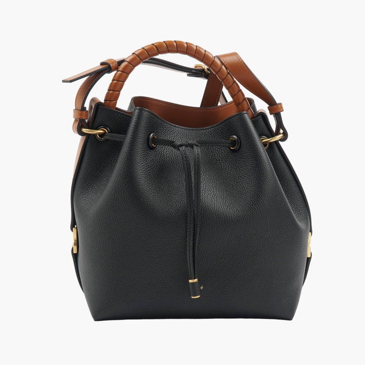 Chloè Elegant Leather Bucket Bag with Woven Handle - Black-Brown