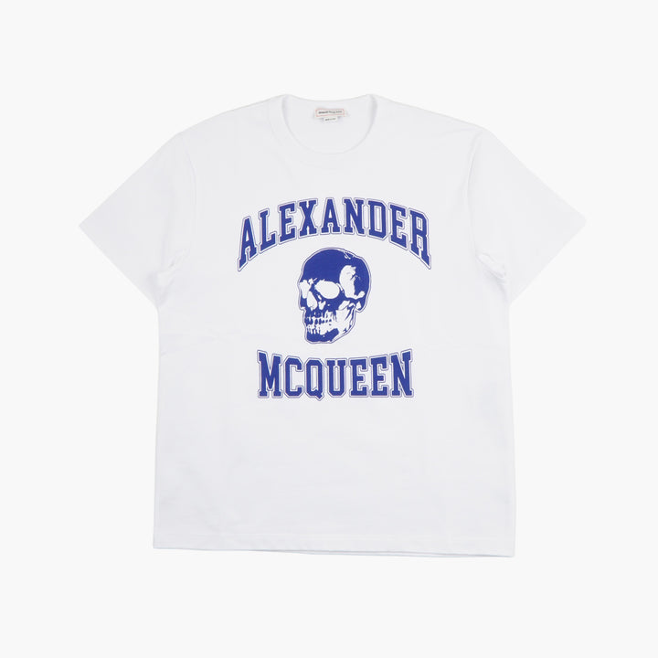 T-shirt con stampa teschio grafico Alexander McQueen in bianco-blu, realizzata in Italia