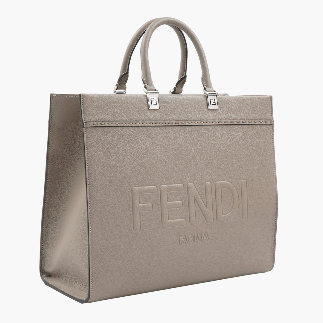 FENDI Elegante borsa a mano in pelle grigia con logo in rilievo - Made in Italy