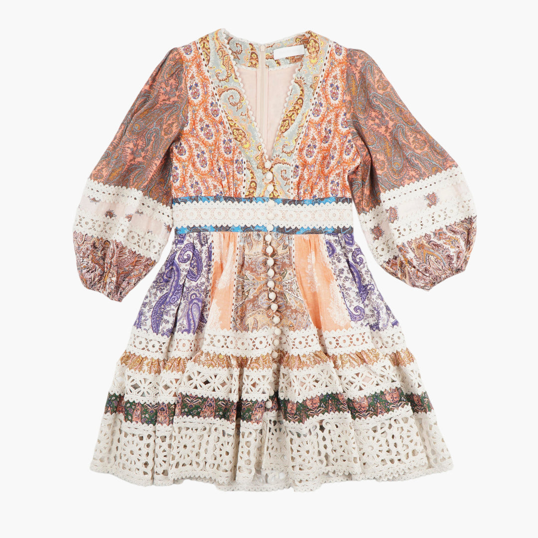 ZIMMERMANN Bohemian Elegance Multicolour Paisley Dress with Lace Detailing and Balloon Sleeves