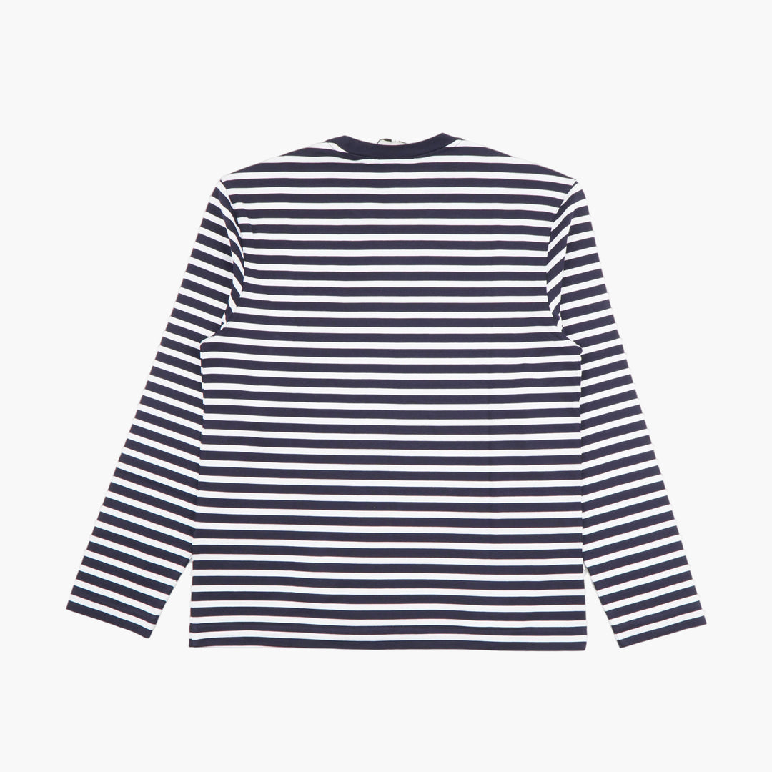 MAISON KITSUNE Camicia girocollo a maniche lunghe a righe blu navy-bianche da uomo con toppa di volpe