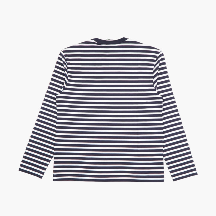 MAISON KITSUNE Men's Navy-White Striped Long-Sleeve Crewneck Shirt with Fox Patch