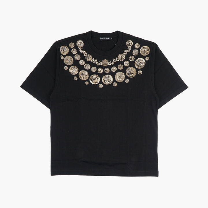 Dolce & Gabbana Men's Black T-Shirt with Metallic Coin Embellishments Made in Italy