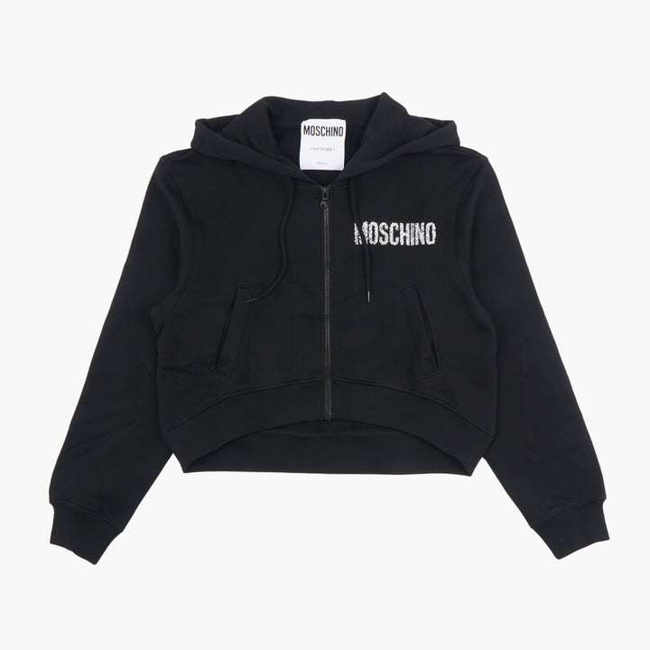 Felpa con cappuccio nera con zip e logo Moschino nera