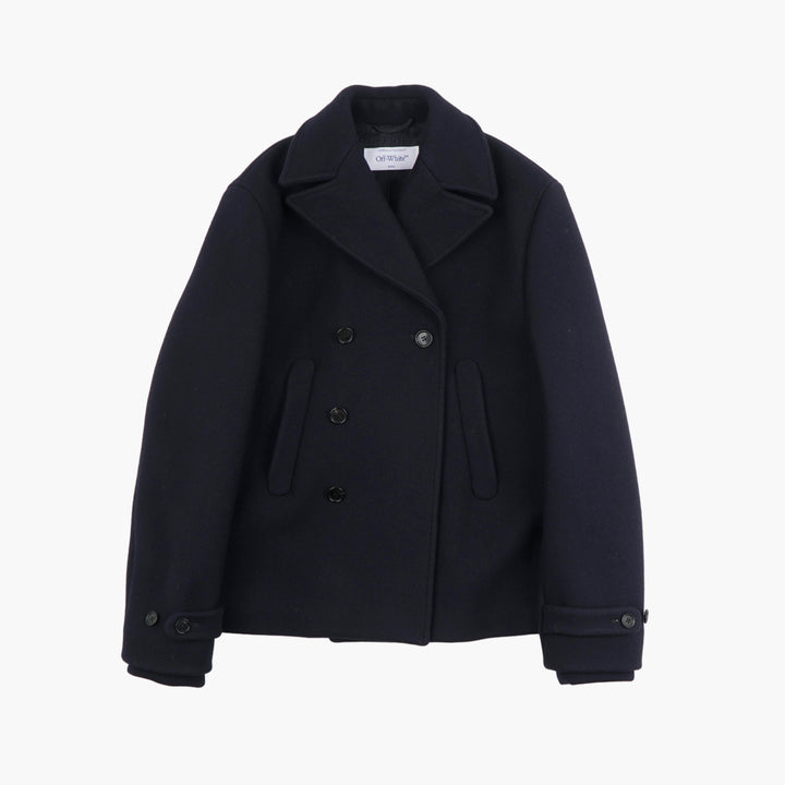 OFF-WHITE Wool Blend Double-Breasted Peacoat in Blu