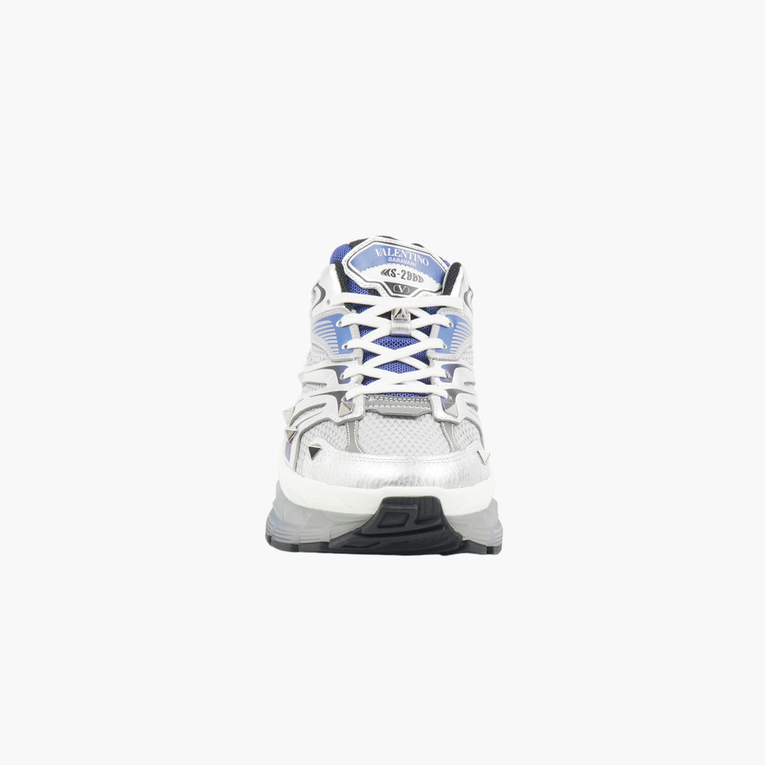 VALENTINO Silver-Blue Studded Luxury Sneakers with Transparent Sole