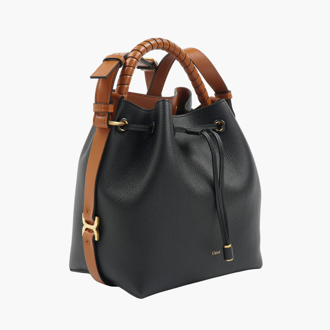 Chloè Elegant Leather Bucket Bag with Woven Handle - Black-Brown