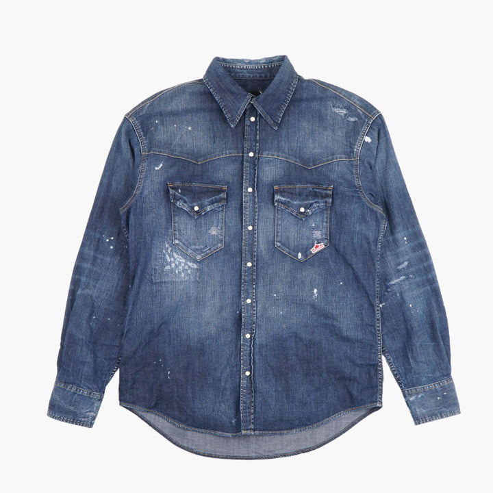 DSQUARED2 Denim Shirt with Distressed Finish and Classic Collar