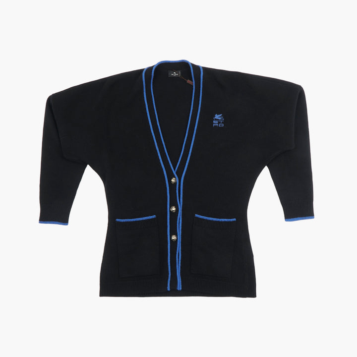 ETRO Elegant Black-Blue Cardigan with Blue Detailing and Front Pockets