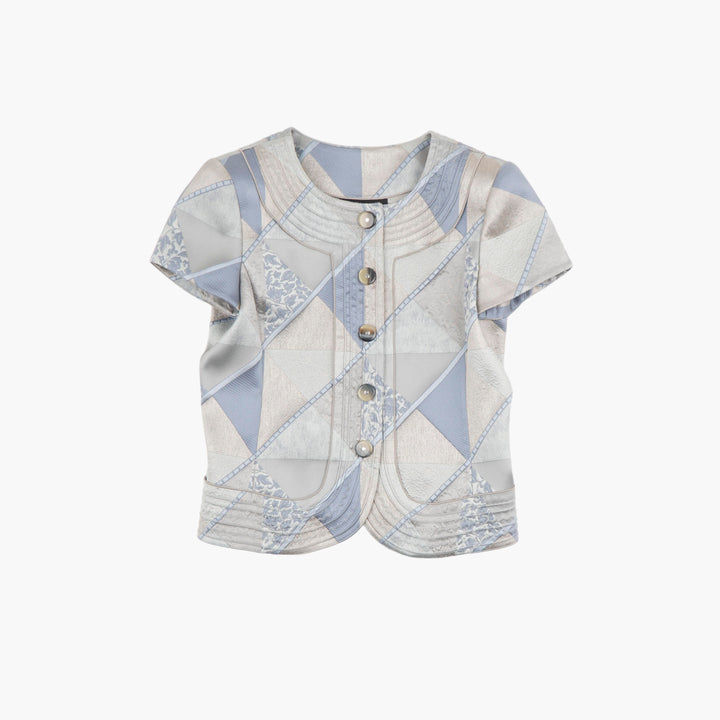 Giorgio Armani Light Blue-Beige Geometric Pattern Short-Sleeve Top - Made in Italy