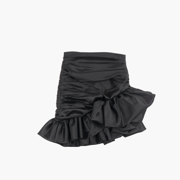 EDWARD ACHOUR PARIS Black Satin Ruched Skirt with Ruffled Hem