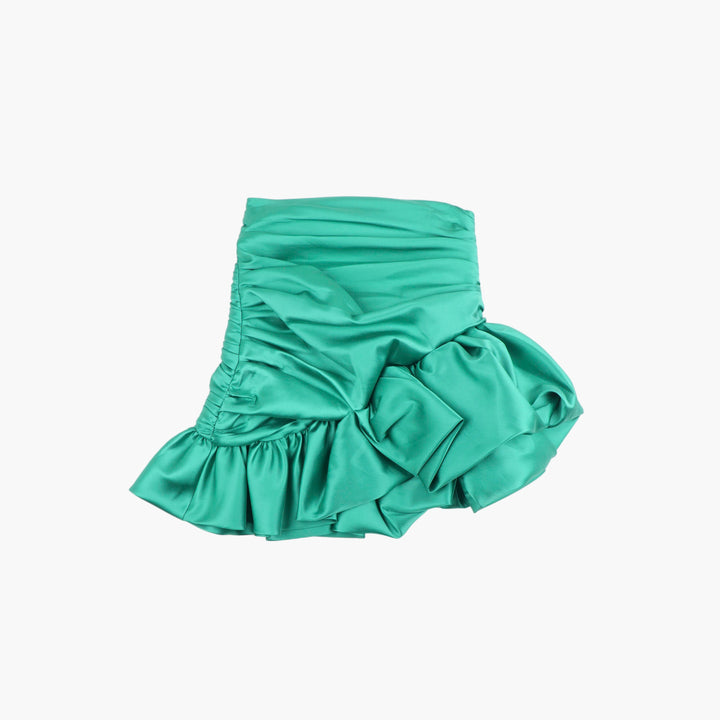 Edward Achour Paris Jade Green Satin Ruched Ruffle Skirt