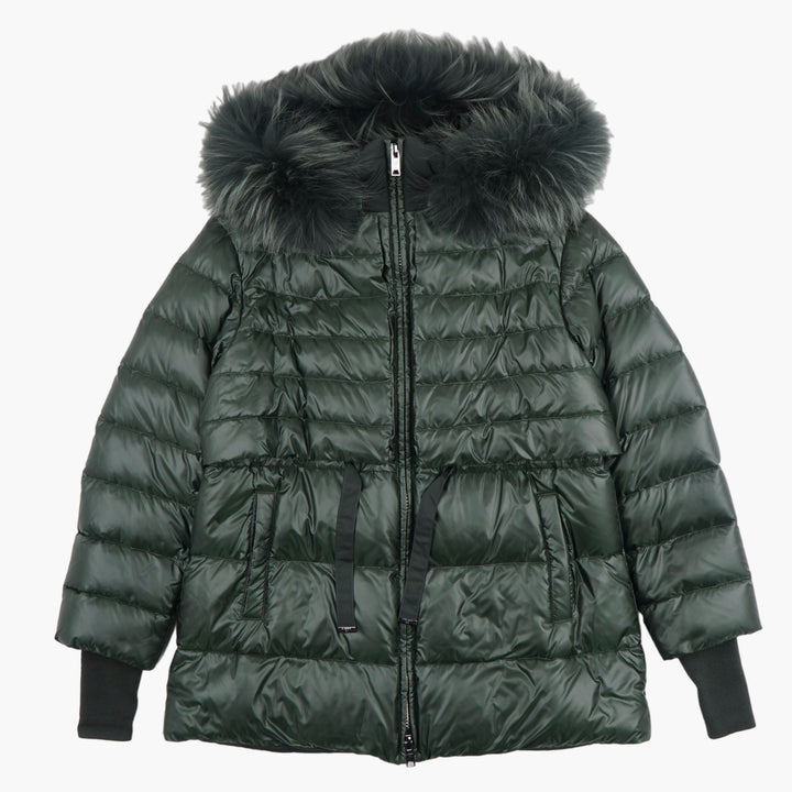 DIEGO M Elegant Dark Green Jacket with Faux Fur-Trimmed Hood