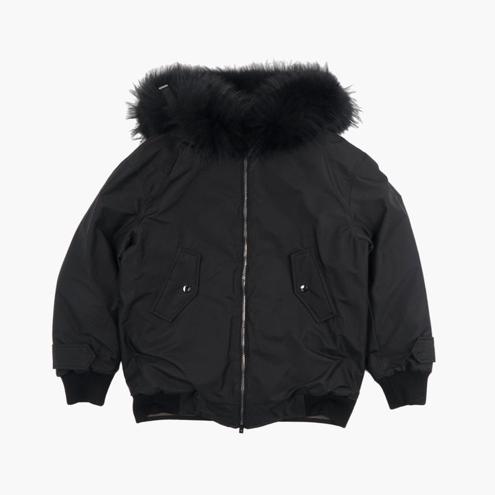 Diego M Black Jacket with Fur-Trimmed Hood - Elegant Outerwear for Cold Weather