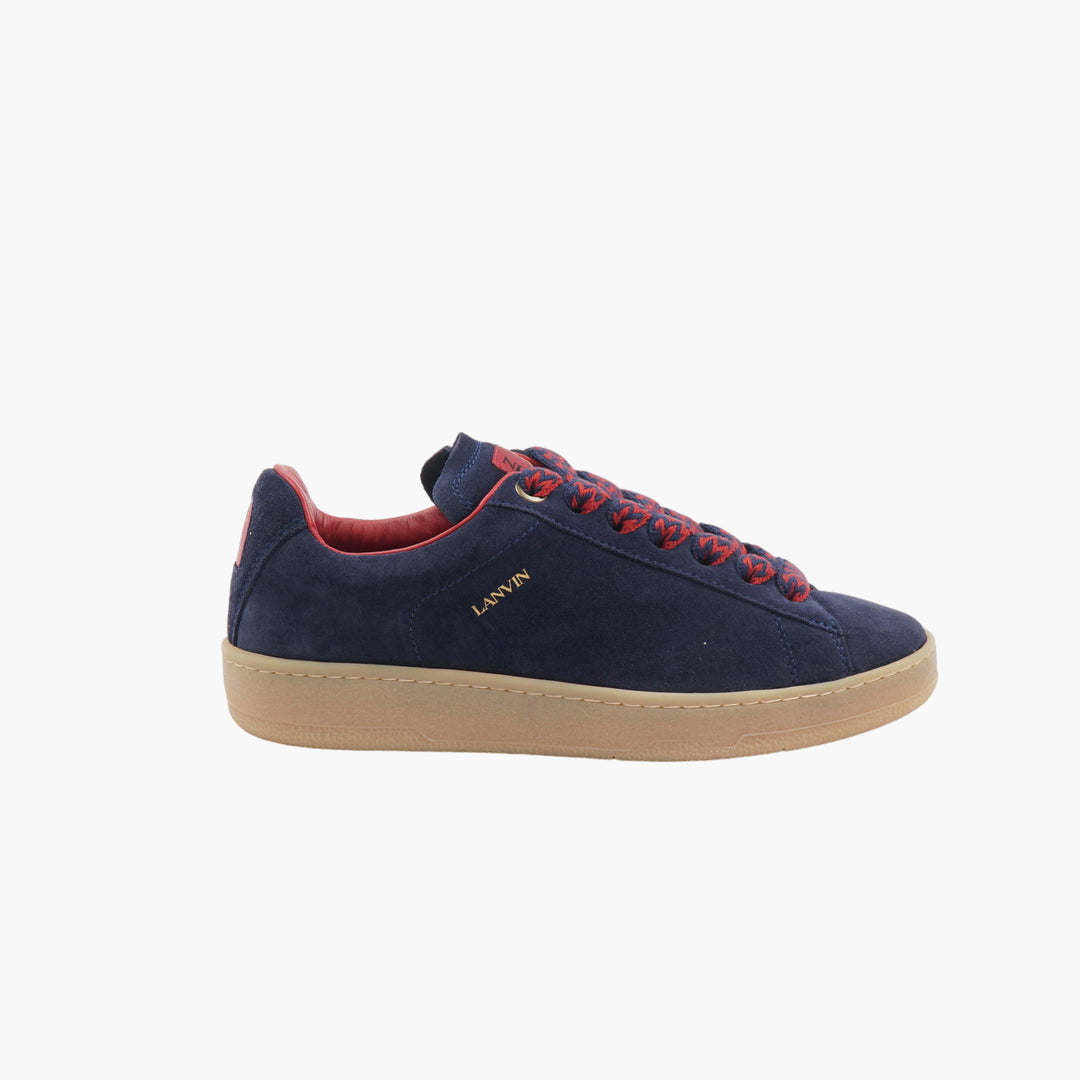 LANVIN Navy-Multi Suede Sneakers with Red Lacing