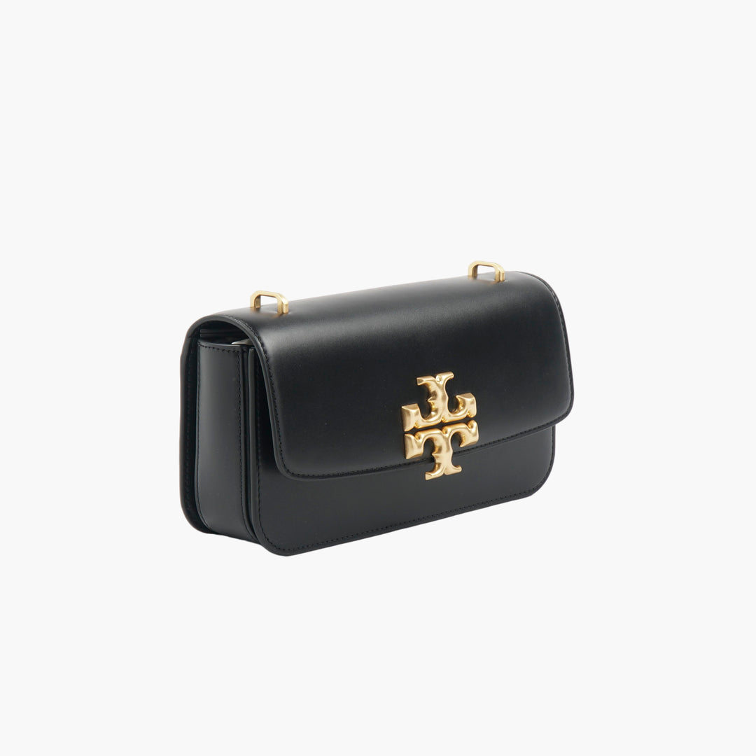 Tory Burch Elegant Leather Handbag in Black-Gold with Iconic Logo