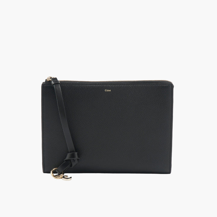 Chloè Black Leather Clutch with Gold-Toned Logo and Detachable Wrist Strap