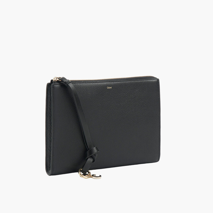 Chloè Black Leather Clutch with Gold-Toned Logo and Detachable Wrist Strap