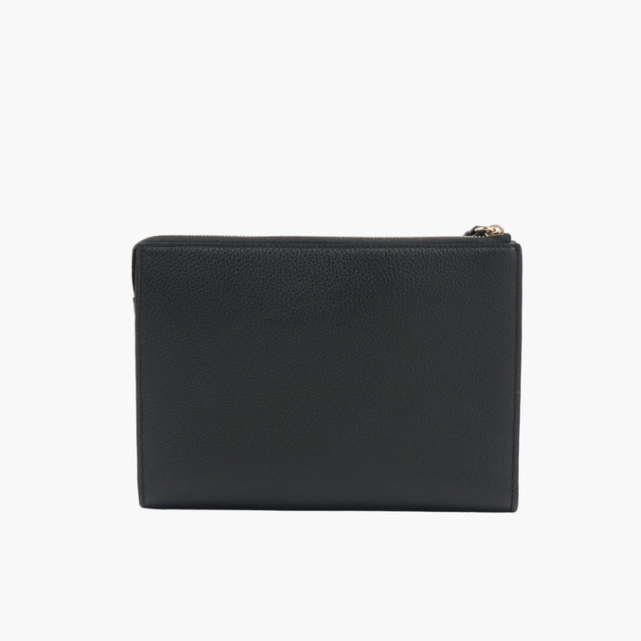 Chloè Black Leather Clutch with Gold-Toned Logo and Detachable Wrist Strap