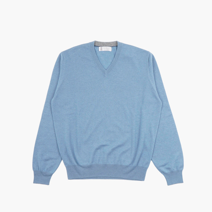 BRUNELLO CUCINELLI Men's Light Blue Cashmere V-neck Sweater - Made in Italy