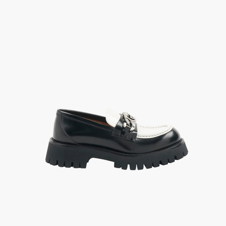 GUCCI Black & White Leather Loafers with Interlocking G Chain Detail