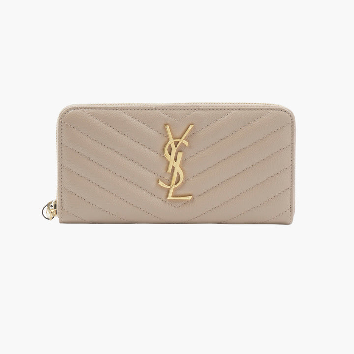 Portafoglio in pelle trapuntata a zig zag color carne-oro SAINT LAURENT con logo YSL