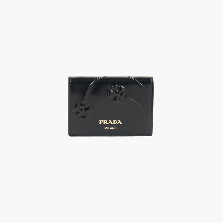 Prada Nero Embossed Floral Card Holder Made in Italy