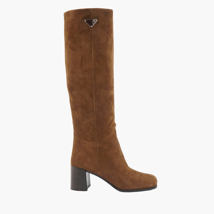 PRADA Women's Brown Suede Knee-High Boots with Block Heel