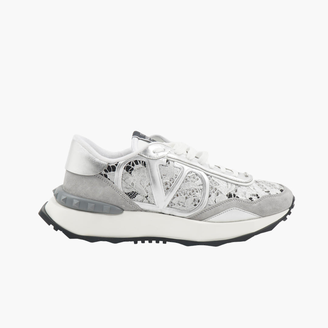 Valentino Women's Elegant Lace Overlay Sneakers in Argento