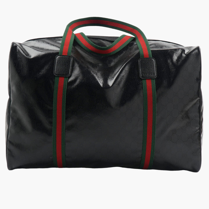 GUCCI Black-Multi Leather Carry Bag with Signature Pattern and Striped Handles Made in Italy