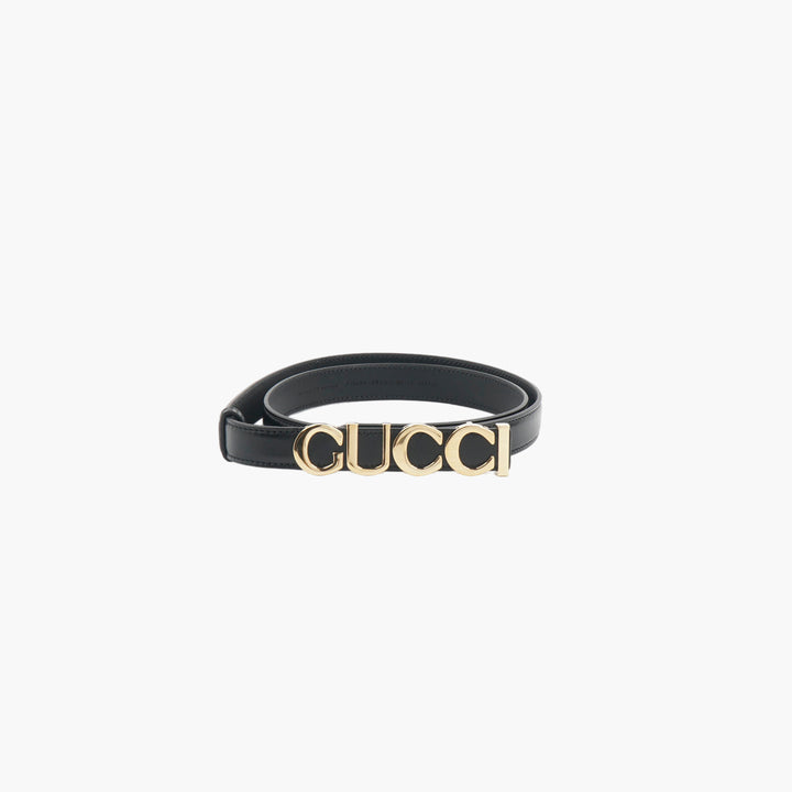 GUCCI Black Leather Belt with Gold-Tone Logo Buckle - Made in Italy