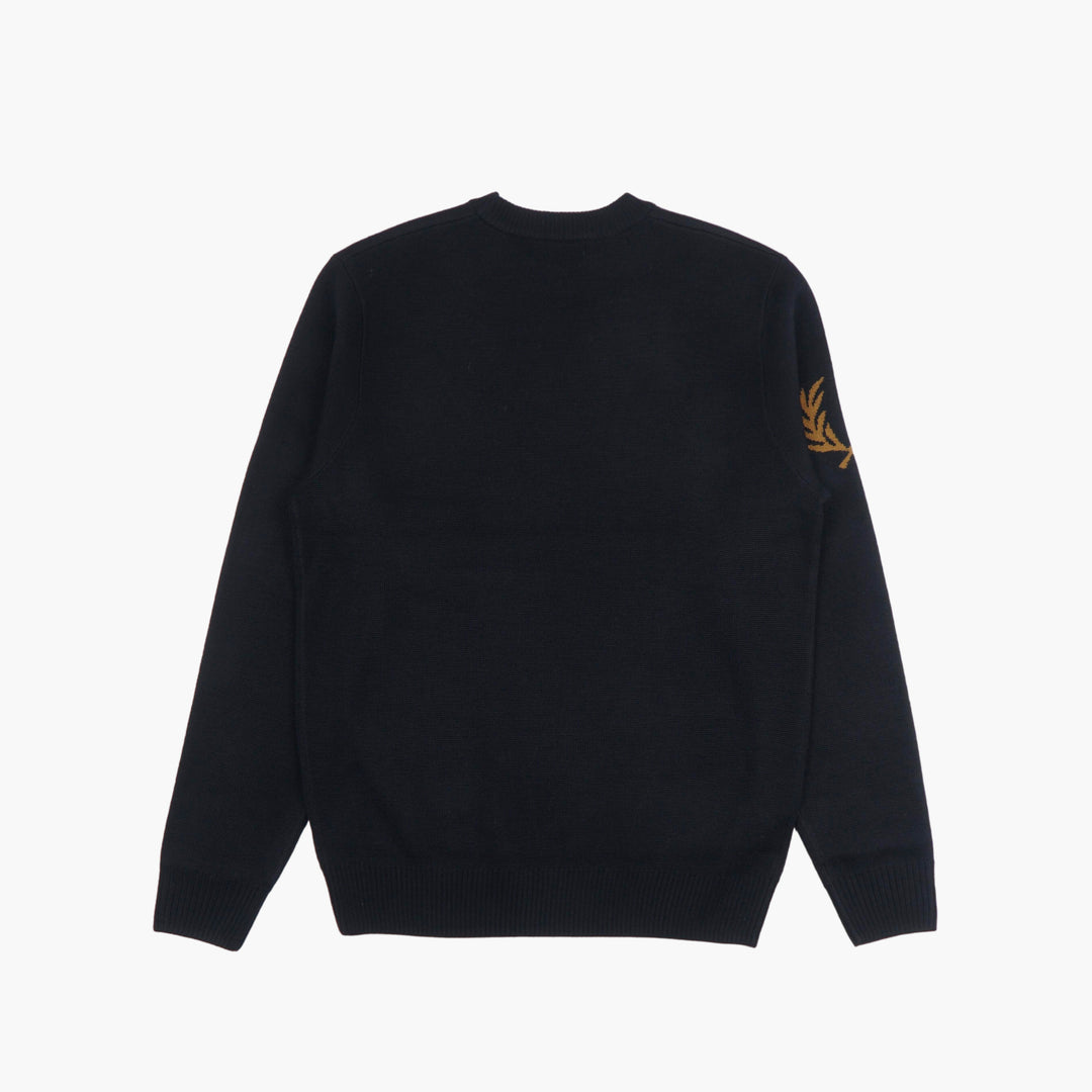 FRED PERRY Classic Round Neck Sweater with Iconic Laurel Wreath Embroidery, Blue