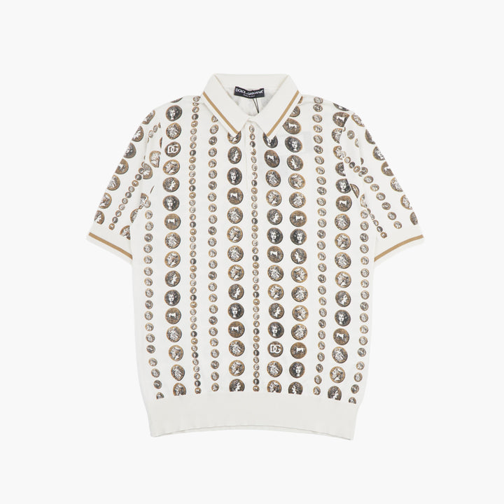 Dolce & Gabbana Men's Ivory-Brown Polo Shirt with Metallic Embellishments