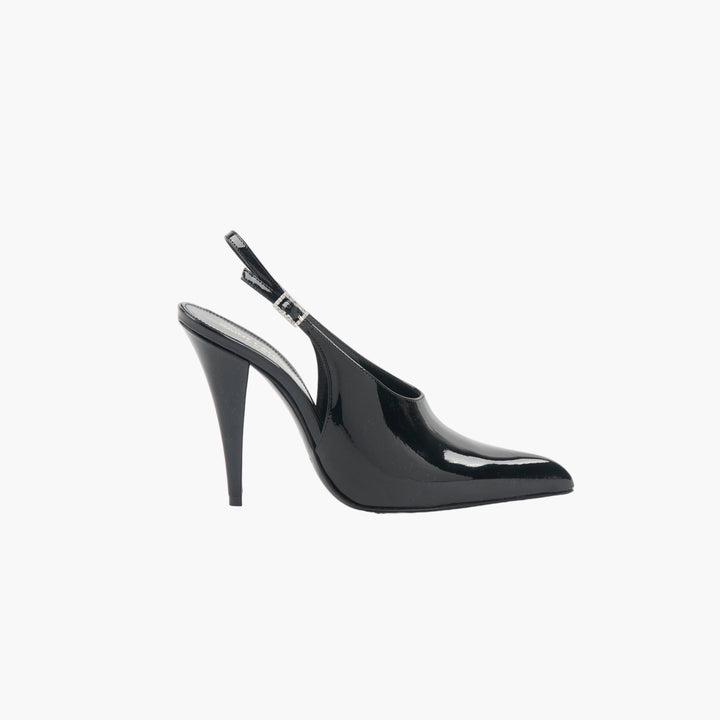 SAINT LAURENT Black Glossy Finish Slingback Shoes - Made in Italy