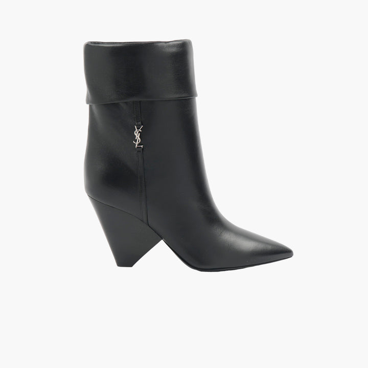 SAINT LAURENT Black Leather Wedge Boots with Fold-Over Top and YSL Logo