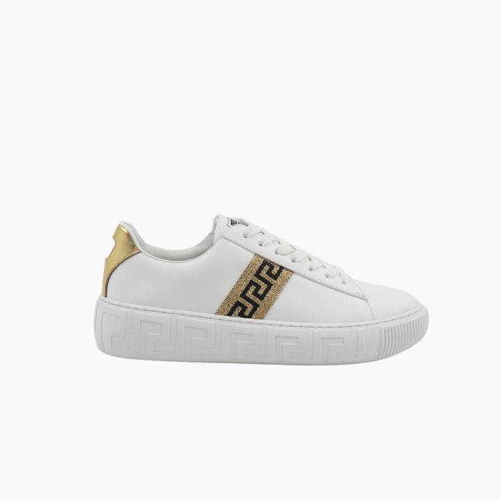 VERSACE White-Gold Sneakers with Greek Key Pattern - Made in Italy