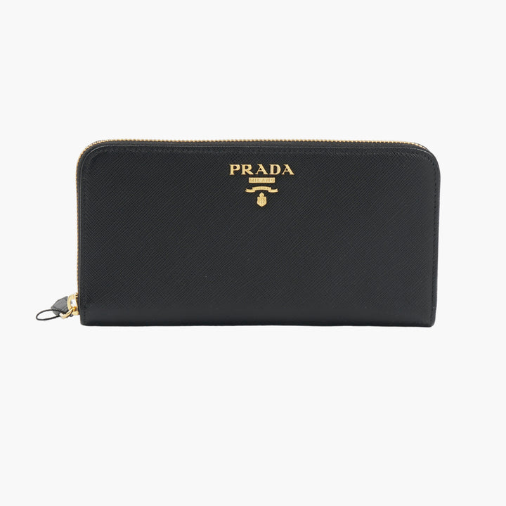 Prada Black Saffiano Leather Wallet with Gold Logo Detail