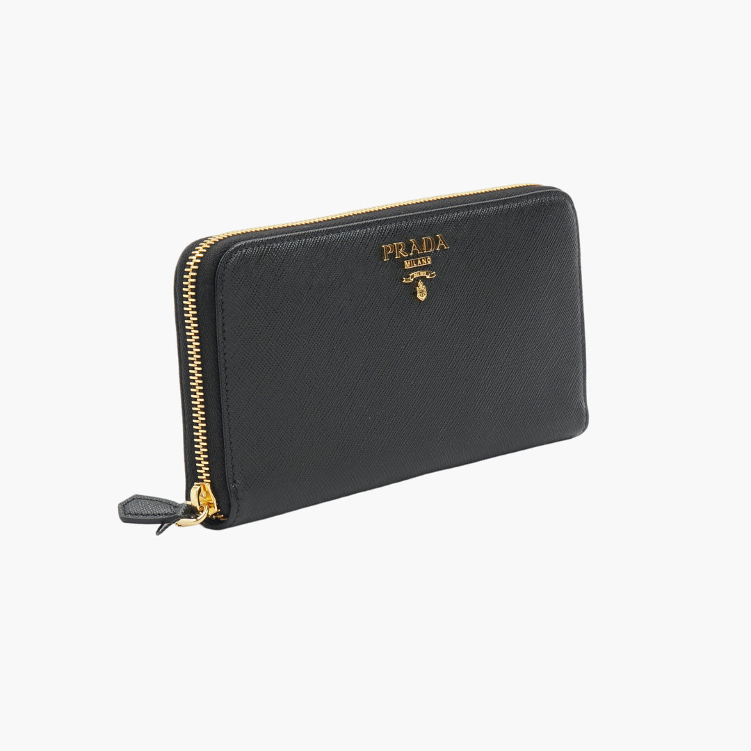 Prada Black Saffiano Leather Wallet with Gold Logo Detail