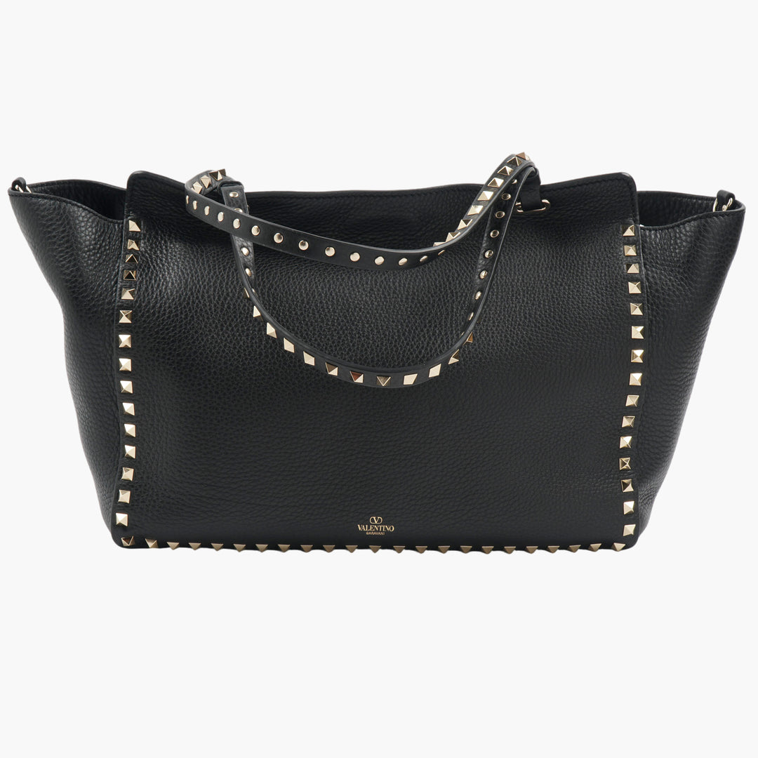 Valentino Women's Black-Gold Leather Rockstud Handbag - Made in Italy