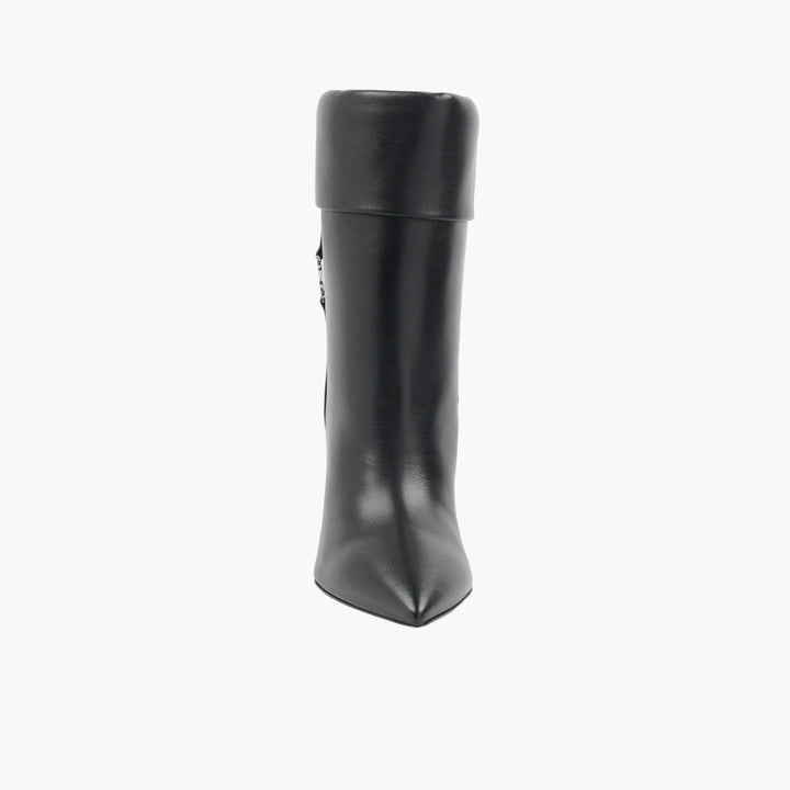 SAINT LAURENT Black Leather Wedge Boots with Fold-Over Top and YSL Logo