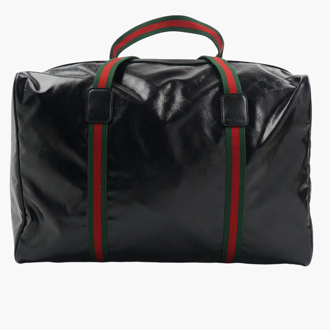 GUCCI Black-Multi Leather Carry Bag with Signature Pattern and Striped Handles Made in Italy