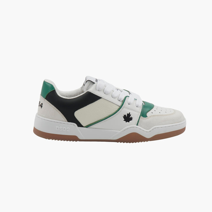 DSQUARED2 Men's White-Green-Black Leather Sneakers with Maple Leaf Design