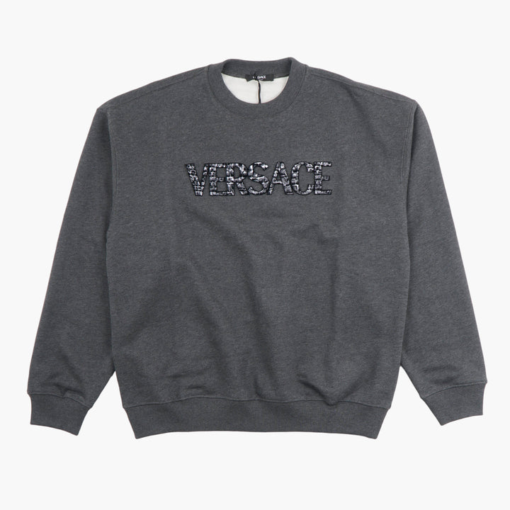 VERSACE Men's Grey-White Sweatshirt with Iconic Logo - Luxury Crew Neck Design