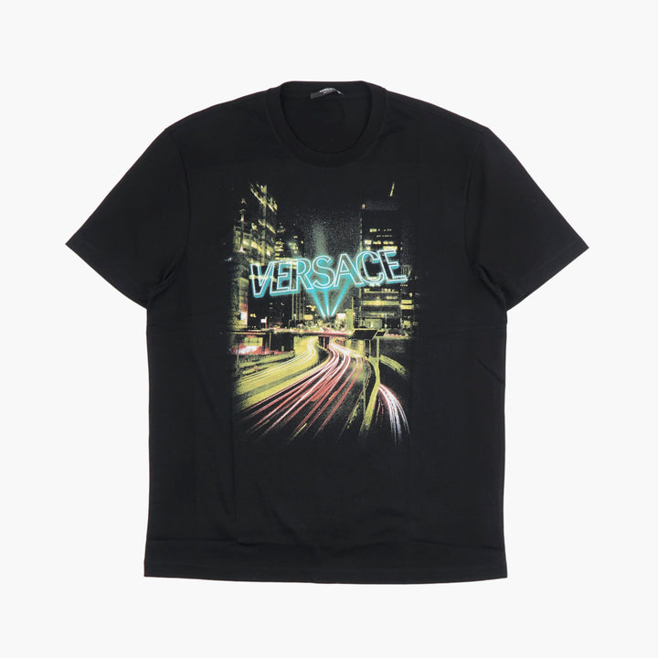 Versace Black T-Shirt with Neon Cityscape Graphic