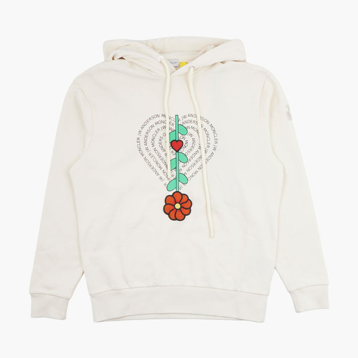 Felpa con cappuccio Moncler Ivory-Multi con motivo a cuore e fiori ricamati