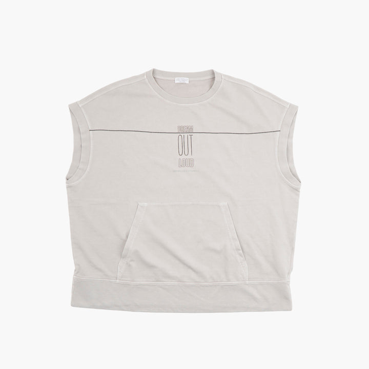 Brunello Cucinelli Sleeveless Top with "Dream Out Loud" Embroidery in Grigio - Made in Italy