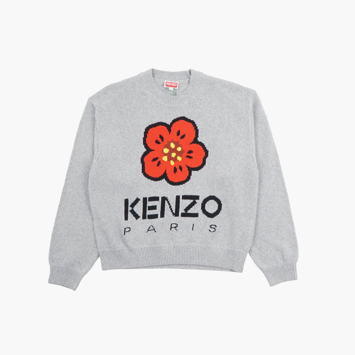 KENZO Grey-Red Sweater with Bold Flower Graphic and Logo