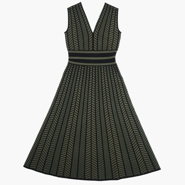 Max Mara Chevron Pattern Fit-and-Flare Dress in Black-Green