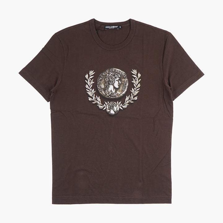 Dolce & Gabbana Men's T-Shirt with Coin and Laurel Emblem, Brown-Multi, Made in Italy