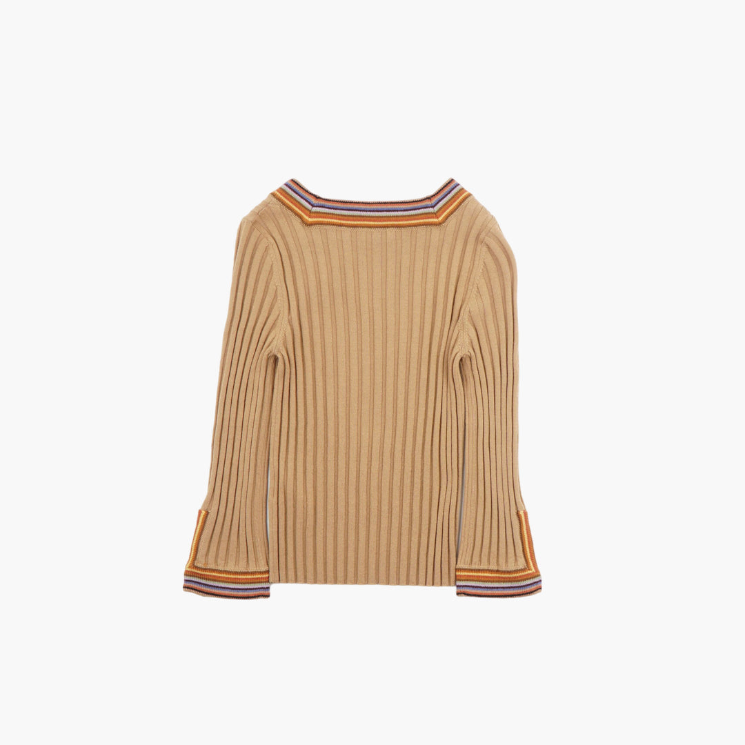 ETRO Ribbed Knit Sweater - Beige with Multicolored Striped Collar and Cuffs